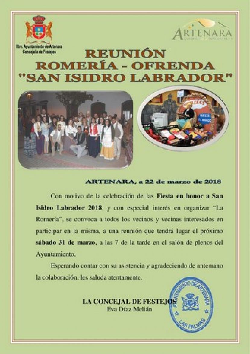 Artenara: Reuni&oacute;n sobre la Romer&iacute;a Ofrenda en honor a San Isidro Labrador
