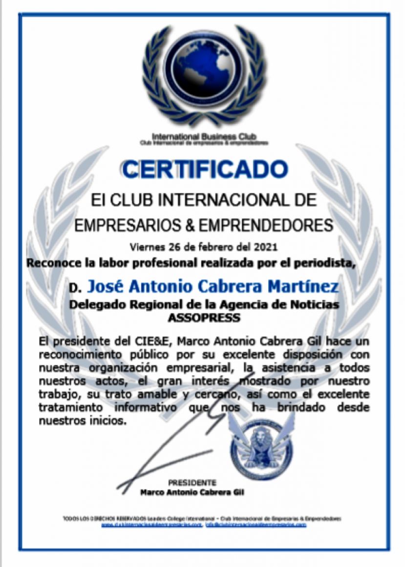 El Club Internacional de Empresarios &amp; Emprendedores distingue a Jos&eacute; A. Cabrera