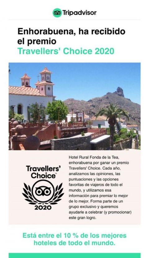 Tejeda: El hotel &ldquo;Fonda de la Tea&rdquo; gana el premio &ldquo;Travellers&rsquo; choice 2020&rdquo;