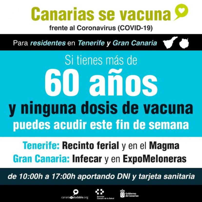 Los residentes en Gran Canaria y Tenerife mayores de 60 a&ntilde;os pueden vacunarse este fin de semana sin cita previa